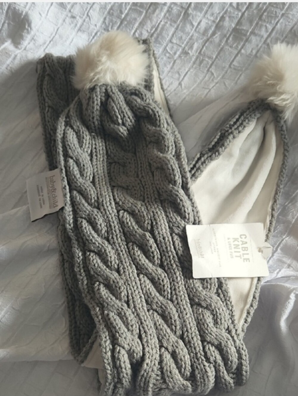 NWT RH Baby & Child Gray Cable Knit Winter Scarf Luxe Faux Fur Pom Poms